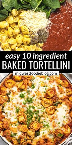 baked tortellini in a casserole dish with spinach leaves and cheese