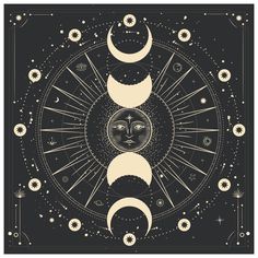 the sun, moon and crescents are depicted in this graphic art