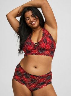 Matching Style(s): Search 10388331 FIT Mid rise. . Medium coverage. MATERIALS + CARE Lace knit fabric. 95% cotton, 5% spandex. Machine wash cold. Dry low. Imported. DETAILS Lace detail. . Keyhole back. . The best plus size women's lace mid-rise cheeky panty panties in biased tartan plaid made of lace. Torrid is your destination for cozy fall and winter clothes to keep you warm and comfortable. New Street Style, Shoes For Leggings, Swimming Outfit, Cute Fit, Matches Fashion, Bra And Panty Sets, Plaid Design, Winter Clothes, Dress With Cardigan