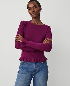 Artfully ruffled at the cuffs and hem, our refined sweater is as romantic as it is versatile. Crew neck. Long sleeves.,Hit:22" long,Imported:Imported,Fit:Softly fitted,Length:22" long,Fabrication:51% Nylon, 49% Viscose,Garment Care:Machine Washable Ruffle Trim Sweater by Ann Taylor Size regular - XS Plum Burst Women's Crew, Neck, Long, Sleeve, Pullover, Sweaters, 51%, Nylon, 49%, Viscose, Machine, Washable Best Fall Sweaters Polka Dot Sweater, Puff Sleeve Sweater, Plaid Sweater, Knitted Suit, Button Sweater, Floral Sweater, Textured Sweater, Summer Sweaters