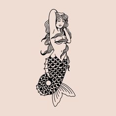 a drawing of a mermaid with long hair holding a surfboard in one hand and a fish in the other