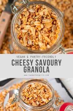 two jars filled with granola sitting on top of a table