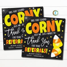 two black and yellow candy corn birthday party thank you cards, one is for referrals