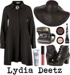 a woman's black outfit with accessories including a hat, boots and lipstick on it