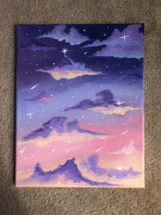 an acrylic painting of clouds and stars in the night sky with purple hues