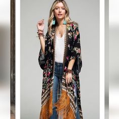 Fine Fringe, Black Floral Kimono, Kimono Floral, Kimono Outfit, Bohemian Kimono, Floral Print Kimono, Beach Kimono, Fringe Kimono, Kimono Duster