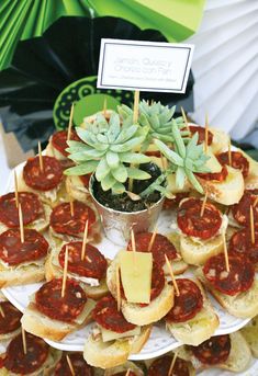 an assortment of appetizers are arranged on a platter with succulents