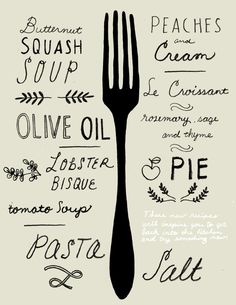 a fork with different types of food on it and the words written in black ink