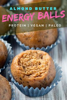 almond butter energy balls in blue wrappers with text overlay that reads, almond butter energy balls protein vegan i paleo