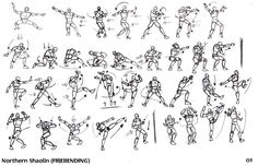 an old drawing of various poses and gestures for the character from karate, in black and white