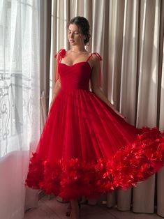 Fiery Rose Midi Dress Dresses Medium Length, Prom Dresses Midi, Red Tulle Prom Dress, Rose Midi Dress, Poofy Dresses, Met Opera, Teuta Matoshi, Poofy Dress, Red Spaghetti