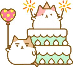 a drawing of two cats sitting in front of a cake with sparklers on top