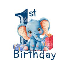 a blue elephant holding a gift box with the number one on it's side