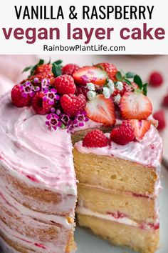 a vanilla and raspberry vegan layer cake on a plate