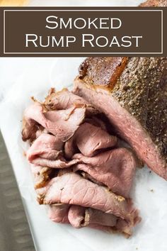 smoked rump roast on a cutting board with text overlay