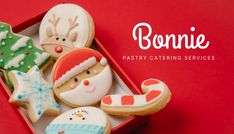 decorated christmas cookies in a red box with the words bonnie pastry catering services