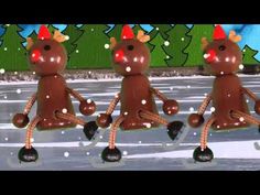 three brown teddy bears wearing christmas hats and skating on snow covered ground with trees in the background