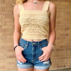 Lemon Colored Knit Tank Crop Top. Pair With Your Favorite Flare Jeans To Complete A Groovy Style! Cute Pointelle Knit Tops For Spring, Cute Pointelle Knit Tops, Trendy Pointelle Knit Crop Top, Textured Knit Crop Top For Spring, Spring Textured Knit Crop Top, Mock Neck Crop Top, Crossover Top, Tank Crop Top, Cropped Zip Up