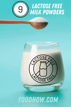 a spoon is sticking out of a glass filled with milk and the words lactose free milk