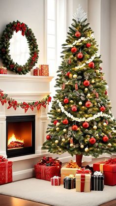 a decorated christmas tree in front of a fireplace