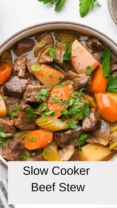 slow cooker beef stew in a bowl with carrots and parsley