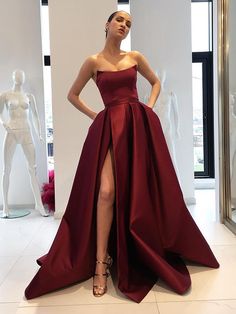 Ball Gown Sleeveless Strapless Sweep/Brush Train Ruffles Satin Dresses Split Prom Dresses, Navy Blue Prom Dresses, Strapless Prom Dresses, Prom Dresses With Pockets, Corset Dress Prom, Graduation Dresses, Burgundy Prom Dress, فستان سهرة, Beauty Dress