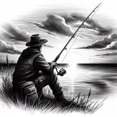 a drawing of a man sitting on the shore fishing