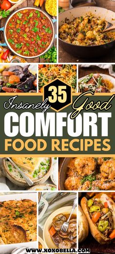 the cover of 35 comfort food recipes with pictures of different dishes and vegetables in them