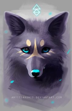 a wolf with blue eyes and gold on it's face is shown in this digital painting