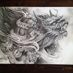 a black and white drawing of a dragon