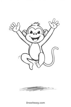 A cheerful cartoon monkey leaping joyfully with arms raised in the air, sketched in playful detail. Monkey Sketch, Perfect Drawing, White Sketches, Drawing Ideas For Beginners