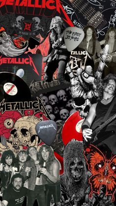 a collage of various images with the words metallic and skulls on them, all in black