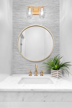 a bathroom sink with a mirror above it and a plant in a vase on the counter