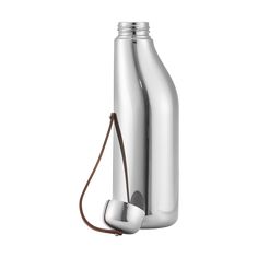 a stainless steel water bottle with a brown cord attached to the top and bottom, on a white background