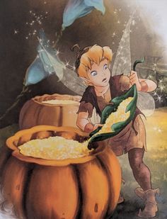 a painting of tinkerbell in front of a pumpkin