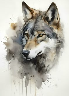 a painting of a wolf's head on a white background