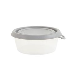 a plastic container with a gray lid and handle on the side, sitting against a white background