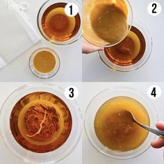 four pictures showing how to make an apple cider