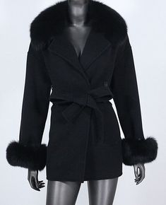 MODA  FURS  FABULOUS FUR FASHIONS AT UNBEATABLE PRICES   Item Description: Brand new ELEGANT wool blend quality winter coat / jacket for ladies.  Luxurious soft and cozy fox fur collar and cuffs,  side pockets and detachable belt  complete the look of this stylish garment.   Size: 6 Length: 31"       condition chart: FUR RESTYLING SERVICES:       SERVICES: Brand New    Never used or Worn Showroom New  Showroom Item / Not Pre-Owned Refurbished New 2 Excellent fur coats dramatically remodeled to a Black Long Sleeve Formal Outerwear, Classic Long Sleeve Fur Coat For Fall, Elegant Single Breasted Winter Outerwear, Luxury Long Sleeve Outerwear For Fall, Luxury Long Sleeve Fall Outerwear, Luxury Long Sleeve Blazer For Winter, Chic Black Single Breasted Outerwear, Black Long Sleeve Blazer, Chic Black Wool Coat For Winter