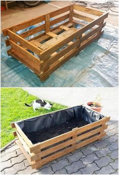 two wooden crates sitting on top of a cement ground next to a black and white dog