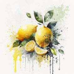 watercolor painting of lemons with leaves and dripping paint on white paper, background