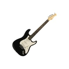 a black and white electric guitar on a white background with room for text or image