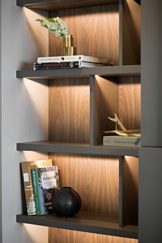 a book shelf with some books on it and a vase in front of the shelves