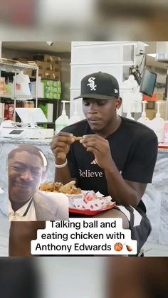 a man sitting at a table with food in front of him and the caption that reads, talking ball and eating chicken with anthony edwards