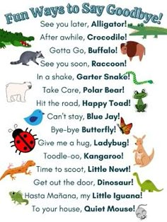 the fun ways to say goodbye poster is shown in blue, green and orange colors