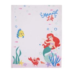 the little mermaid is swimming in the ocean with her fish and seahorses on it's back