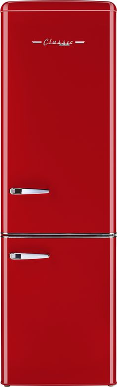 a red refrigerator freezer sitting in front of a white wall