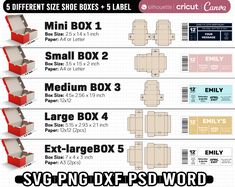 an info sheet showing the different sizes and shapes of boxes for sewing or crafting