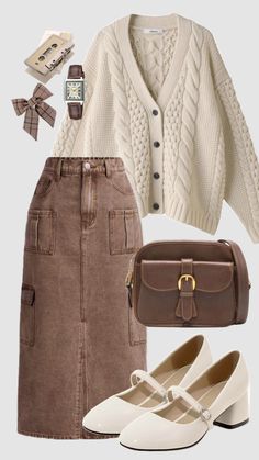 #casual #vintage #chunky #cardigan #sweater #cargoskirt #brownoutfit #skirt #falloutfit #fashion #fall #churchfit #modestoutfits #maryjane #comfy #schooloutfit #modest Brown Denim Skirt, Chunky Cardigan Sweater, Everyday Fashion Outfits