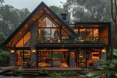 a large house with lots of windows and lights on it's roof, surrounded by greenery